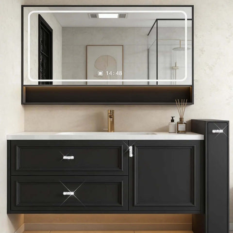 Bathroom with black cabinets featuring Bling Crystal Cabinet Knobs 2 Pack For Kitchen, Dresser, And Bath Cabinets, Rhinestone Drawer Pulls