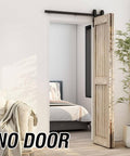 52 Inch Bi Folding Sliding Barn Door Hardware Kit For Two Doors With J Shape Hangers installed in a small living space