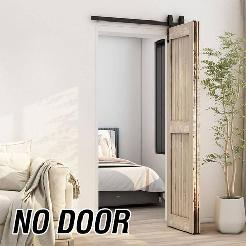 52 Inch Bi Folding Sliding Barn Door Hardware Kit For Two Doors With J Shape Hangers installed in a small living space