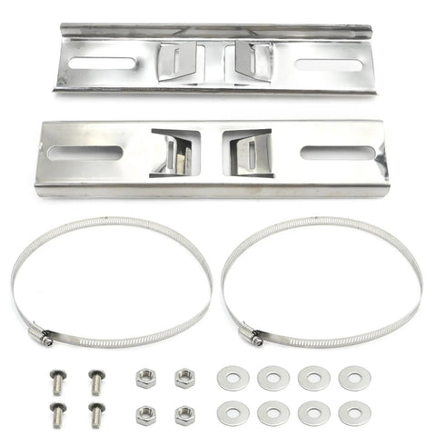 Pole Mounting Kits For Outdoor Electrical Boxes With Adjustable Clamps In 304 Stainless Steel, 50 To 200mm Range, components displayed