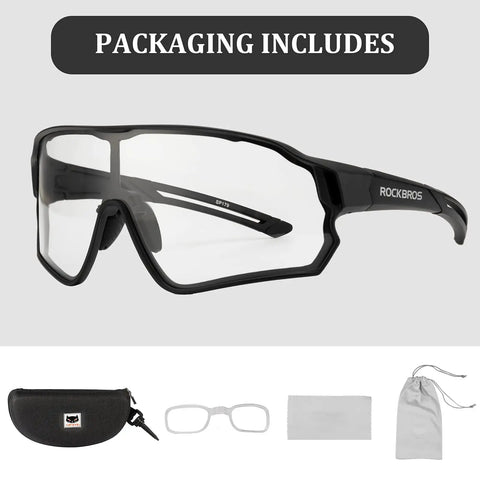 Photochromic Cycling Sunglasses For Men With Light Adaptive Lenses Frameless Design For Clear Peripheral Vision Sports Bike Glasses Ready For Any Ride, packaging includes case, cloth, and pouch, 30g, ultralight.