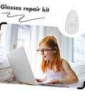 Child using a laptop with glasses, silicone nose pads shown, part of Silicone Nose Pads For Glasses Repair Kit With Soft Nose Pads, Screws And Mini Screwdriver For Quick Eyewear Fixes, Easy DIY Maintenance, Anti Slip Comfort Fit For Long Lasting Wear.