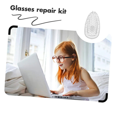 Child using a laptop with glasses, silicone nose pads shown, part of Silicone Nose Pads For Glasses Repair Kit With Soft Nose Pads, Screws And Mini Screwdriver For Quick Eyewear Fixes, Easy DIY Maintenance, Anti Slip Comfort Fit For Long Lasting Wear.