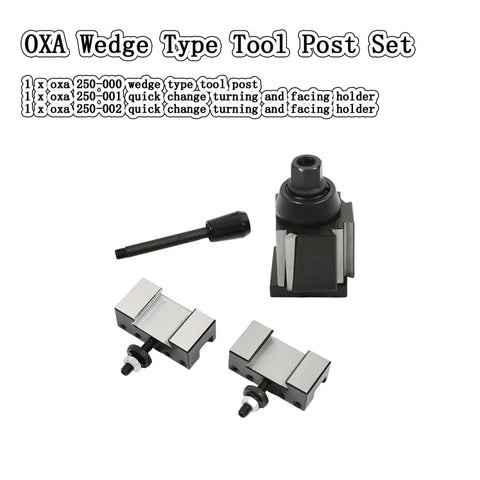 Wedge Type Tool Post Set Three Piece For Lathe Quick Change Tool Holder OXA 250-000 250-001 250-002 components displayed.