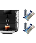 One Touch Fully Automatic Black Coffee Maker Ena Model with two water filters and coffee glass in matte black finish.