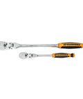 Two Piece Ratchet Set With One Quarter And Three Eighth Inch Drives 90 Tooth Cushion Grip Flex Head Teardrop & Dual Material Handle