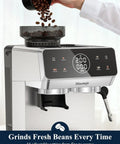 Twenty Bar Bean To Cup Espresso Machine With Built In Conical Burr Grinder Delivering Forty Four Precision Grind Settings And A Clever Touchscreen Interface For Game Changing Daily Latte Creations At Home, showing coffee beans being poured into the grinder.