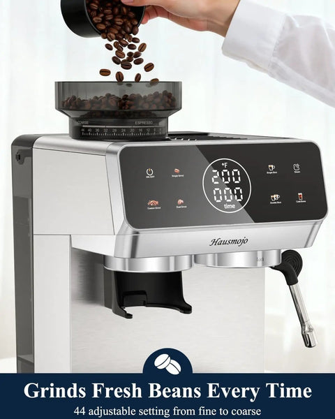 Twenty Bar Bean To Cup Espresso Machine With Built In Conical Burr Grinder Delivering Forty Four Precision Grind Settings And A Clever Touchscreen Interface For Game Changing Daily Latte Creations At Home, showing coffee beans being poured into the grinder.