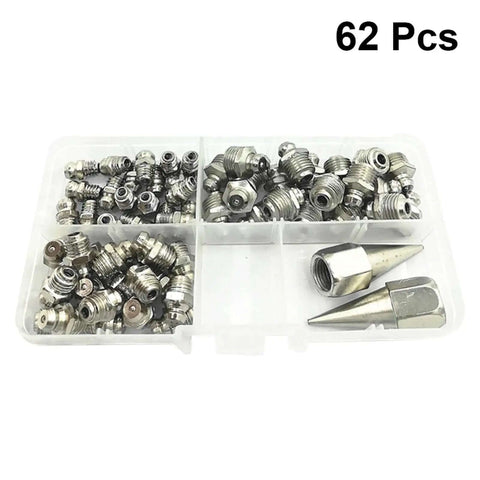 62 pcs Top Notch Grease Fitting Kit With Assorted Lubricating Screw Nozzle Angle Nipples And Bearing Tool Box Featuring One-Way Check Valve Spring Ball Sealer To Stop Backflow And Keep Gears Running Smooth As Butter.