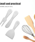 Travel Friendly 5 Piece Cheese Knife Set With Butter Spreader Stainless Steel Utensils on white background with wooden tools.