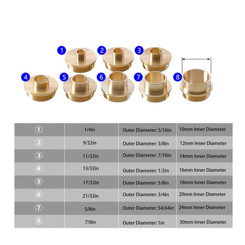 Premium Brass Router Template Guide Set For Woodworking Trim Machines Featuring Heavy Duty Flip Plate Inserts Built Tough For Rock Solid Stability And Ultra Smooth Action showing eight brass guide bushings sizes.