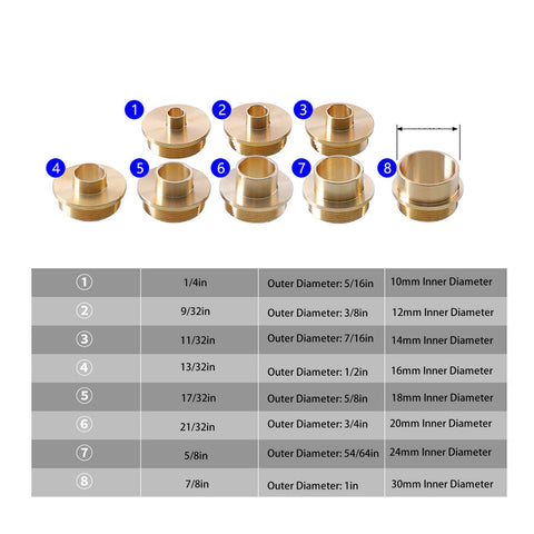 Professional Grade Brass Router Guide Kit 11 Piece Template Bushing Set 10mm To 30mm Range size chart of brass bushings