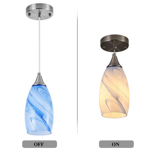 Three Pack Handblown Blue Marble Art Glass Pendant Lights For Dining Room Kitchen Foyer And Hallway Modern Fixture With Soft Ambient Glow Ideal For Home Decor showing on and off view