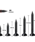 Professional Grade Black Self Tapping Screws Combined With 150 Corrosion Resistant Drywall Plastic Anchors For Rock Solid Mounts And No Sweat Home Fix Hacks, showcasing five sizes from 1/2 to 1-1/2 inches.