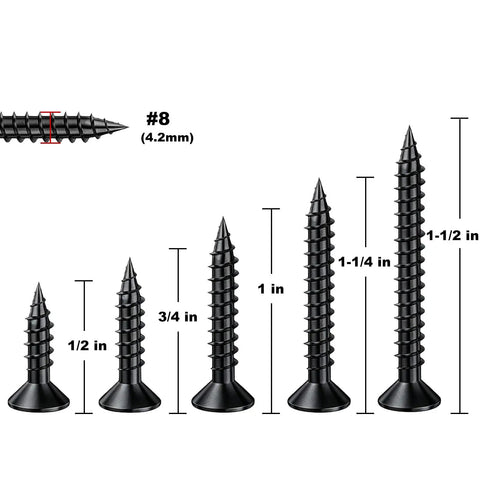 Professional Grade Black Self Tapping Screws Combined With 150 Corrosion Resistant Drywall Plastic Anchors For Rock Solid Mounts And No Sweat Home Fix Hacks, showcasing five sizes from 1/2 to 1-1/2 inches.