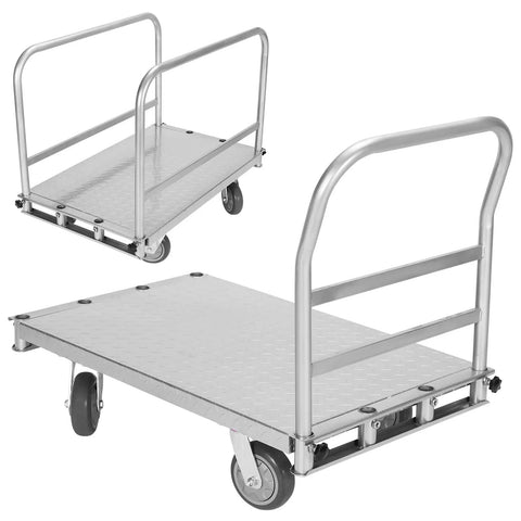 Heavy Duty Platform Truck With Four Smooth Swivel Casters And A Triple Handle Setup for moving 2500 pounds of materials.