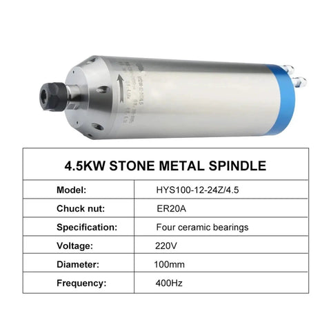 4.5KW CNC Spindle Motor For Milling Machines, Water Cooled 220V to 380V, 100MM ER20, four ceramic bearings, product specs