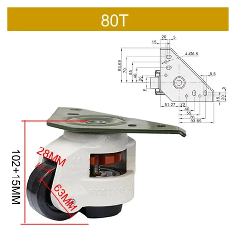 Premium Heavy Duty Leveling Casters With Retractable Adjustment Handle Threaded Stem Mount For Vending Machines shown with dimensions.