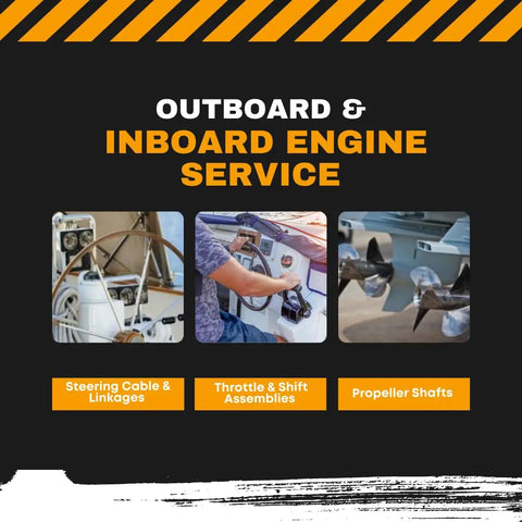 Service for outboard and inboard engines featuring steering cables, throttle assemblies, and propeller shafts.