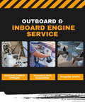 Outboard and inboard engine service with images of steering cable, throttle shift, and propeller shafts.