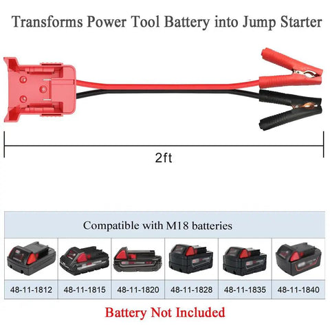 Jump Starter Cables With Adapter For Milwaukee M18 18V Batteries 2ft 8AWG Automotive Booster Cables shown with size and compatibility