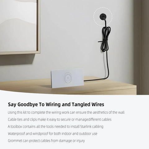 Wall with cable routing using grommet from Cable Routing Kit For Wall Pass Through With Three Quarter And Five Sixteenth Inch Drill Bits, Grommets, Wall Clips, Ties, Silicone Sealant, And Multi Compartment Toolbox For Gen 2 To 3 Dish Ethernet Or Network Cable Setup.