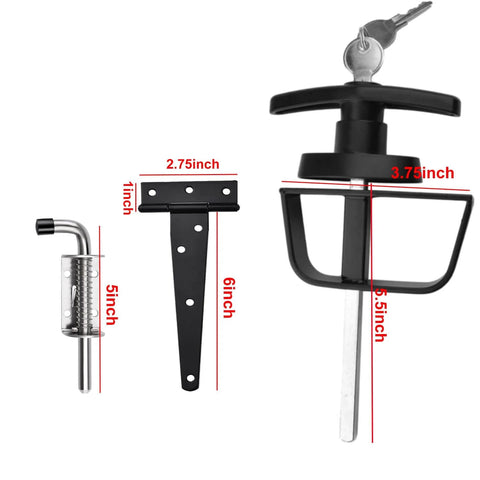 Durable Shed Door Hardware Kit With 6-Inch T-Hinges, T-Handle Lock, Latches for Secure Sheds and Barns, shown with measurements