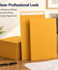 10x13 Inch Kraft Mailing Envelopes With Gummed Seal Closure 28lb Heavyweight Manila Catalog Envelopes shown on a desk