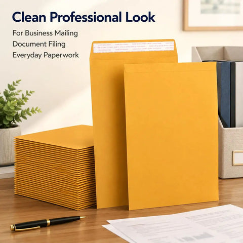 10x13 Inch Kraft Mailing Envelopes With Gummed Seal Closure 28lb Heavyweight Manila Catalog Envelopes shown on a desk