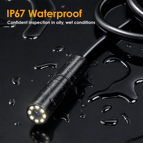 Ultra Clear Endoscope Camera With Light For Home And Auto Inspections, 1920x1440 HD Borescope With IP67 Waterproof Seal, SemiRigid Snake Camera, 16.4Ft Cable, 8 LED Lights, Works With iPhone And Android, For Pipes And Engine Bays, IP67 waterproof probe on wet surface