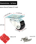 Mini Nylon Caster Wheels 0.5 Inch Low Profile Swivel Casters Set Of 8 Non Marks Self Adhesive Plate Caster Wheels with screws and adhesive pads shown