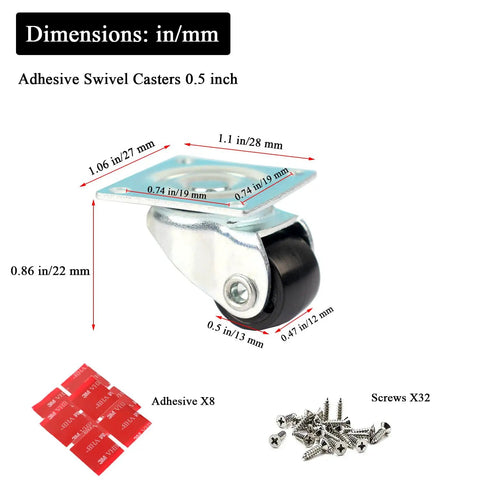 Mini Nylon Caster Wheels 0.5 Inch Low Profile Swivel Casters Set Of 8 Non Marks Self Adhesive Plate Caster Wheels with screws and adhesive pads shown