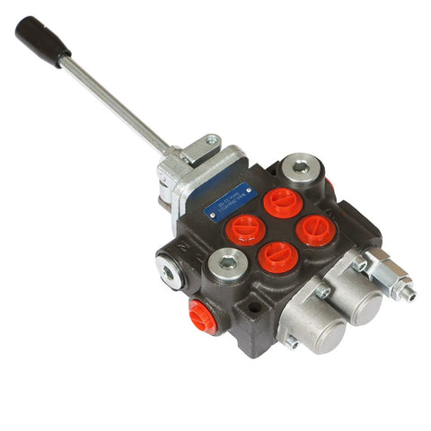Front view of 2-spool hydraulic directional control valve with lever handle; metal body, red port plugs, SAE ports.