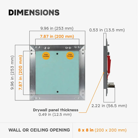 Straight Up Durable 8 X 8 Inch Drywall Access Panel Paintable Wall Repair Cover dimensions showing size and structure.