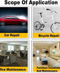 Application scope showing images for car repair, bicycle repair, office maintenance, and furniture installation.