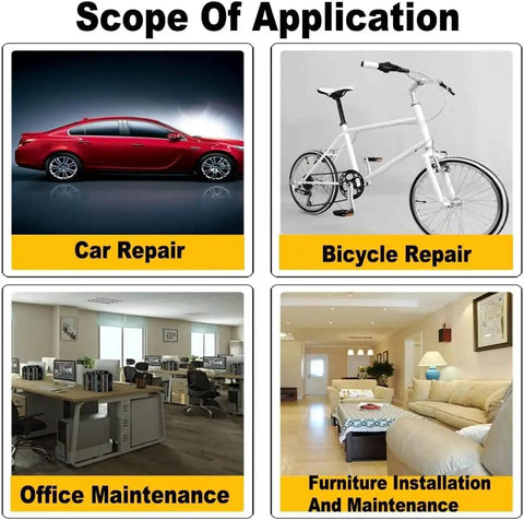 Application scope showing images for car repair, bicycle repair, office maintenance, and furniture installation.