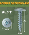 Heavy Duty Modified Truss Head Wood Screws Size 8 X 3/4 Inch, showing dimensions and silver finish for carpentry use.