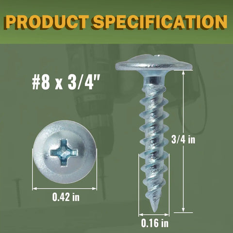 Heavy Duty Modified Truss Head Wood Screws Size 8 X 3/4 Inch, showing dimensions and silver finish for carpentry use.