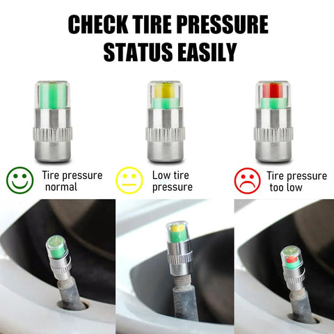 Four Pack Tire Pressure Monitor Valve Stem Caps With Three Color Eye Alert Reads 2.4 Bar 36 PSI For Car Tires Universal Valve Stem Caps No Fuss Install Durable Silver Finish showing green, yellow and red alerts for tire pressure status