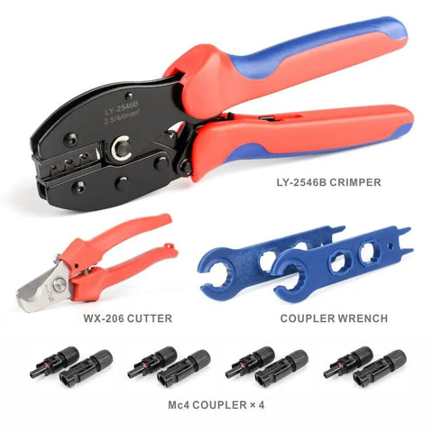 All In One Solar Panel Crimp Tool Kit With Solar Connector Crimper For AWG 14 To 10 Wires And 2 4 6 Mm2 Cables Includes Wire Cutter Spanner Wrench And Carry Bag For Quick Easy Installations features crimper tool, cutter, and wrench