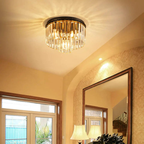 Crystal Ceiling Light Fixture Three Light Modern Semi Flush Mount With E12 Base Black Finish Two Layer Crystal Shade Real Nice For Living Room Bedroom Or Hallway