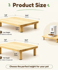 Elevated Cat Food Stand For Automatic Feeders Supporting Furbaby Neck Comfort With Solid Pine Build, showing size options.