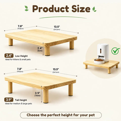 Elevated Cat Food Stand For Automatic Feeders Supporting Furbaby Neck Comfort With Solid Pine Build, showing size options.