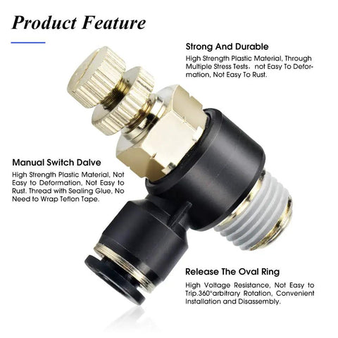 Three Pack Push To Connect Air Line Fittings With Ninety Degree Elbow And Air Flow Control Valve One Quarter Inch Tube Outer Diameter By Three Eighths Inch NPT Thread Pneumatic Quick Fit For DIY Shop Use Handy Air Tool Setup product feature close-up showing durable brass and black plastic construction.