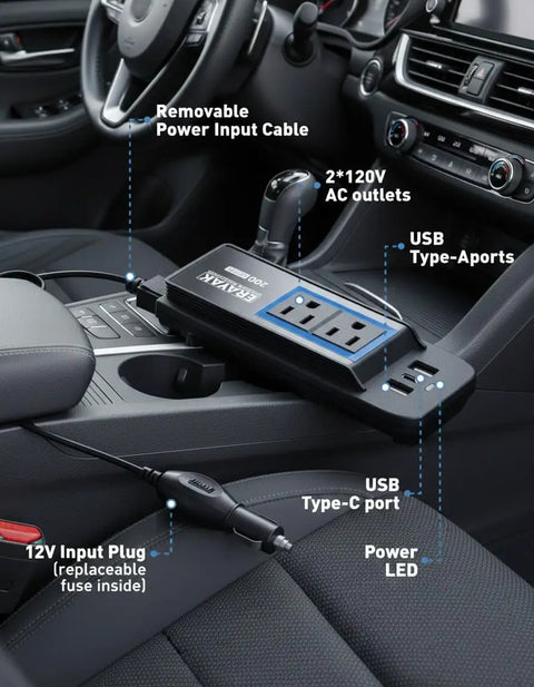 Smooth Moves 200W Car Power Inverter DC 12V to 110V AC with dual US outlets displayed in a car interior.