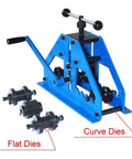 Tube Roller Bender Beast With 6 Interchangeable Dies for Round and Square Tubes, blue pipe roller with flat and curve dies displayed.