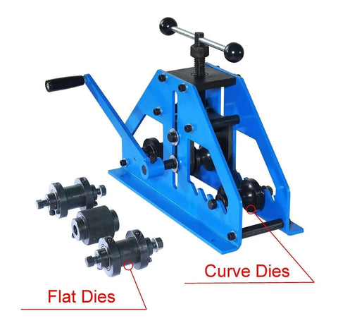 Tube Roller Bender Beast With 6 Interchangeable Dies for Round and Square Tubes, blue pipe roller with flat and curve dies displayed.