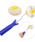 Double Head Paint Roller Brush With Portable Corner Design For Drywall Painting Delivers A Flawless Streak Free Finish. Close-up with blue handle.