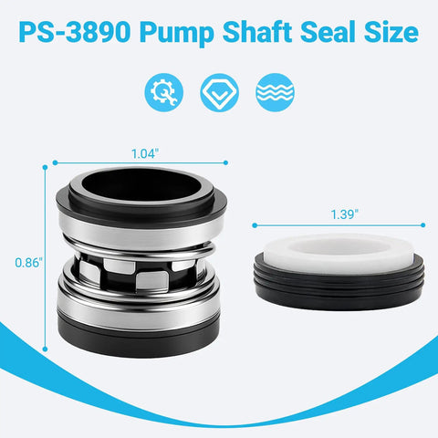 Mechanical Shaft Seal Replacement Kit PS-3890 R0479400 for pool pumps showing size measurements and components.