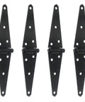 Premium Black Powder Coated Iron Strap Gate Hinges For Fences And Sheds, 6 Inch heavy duty kit displayed in black, four pieces.